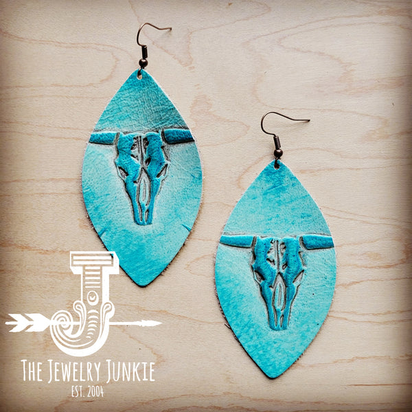 Leather Oval Earring-Turquoise Steer Head 212v