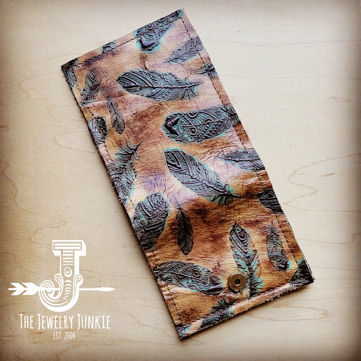 Tri-Fold Embossed Leather Wallet-Plumas Sepia Turquoise 304b