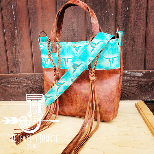 Tejas Leather Bucket Hide Handbag w/ Turquoise Steer Head Accent 510r