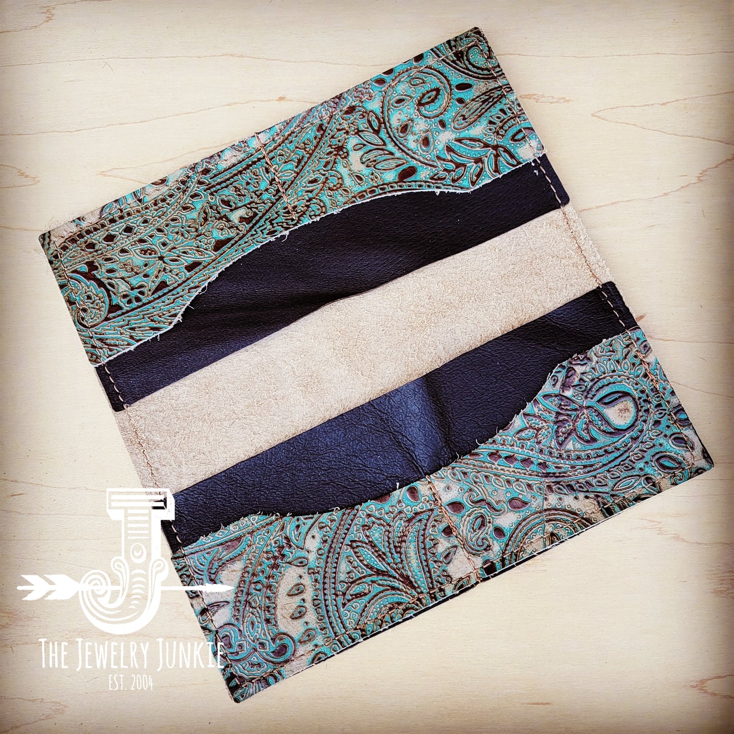 **Embossed Leather Wallet-Turquoise Brown Paisley 303b