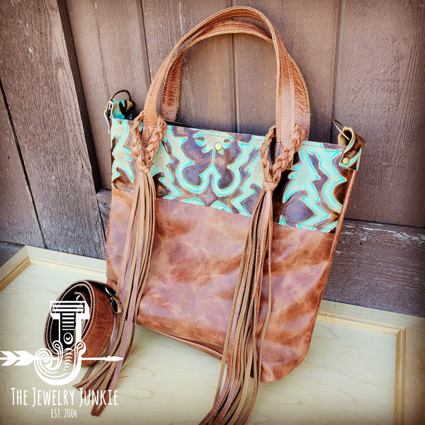 Tejas Leather Bucket Hide Handbag with Turquoise Laredo Accent 506u