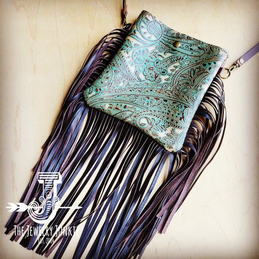 **Small Crossbody Handbag w/ Turquoise Brown Paisley Full Fringe 508f