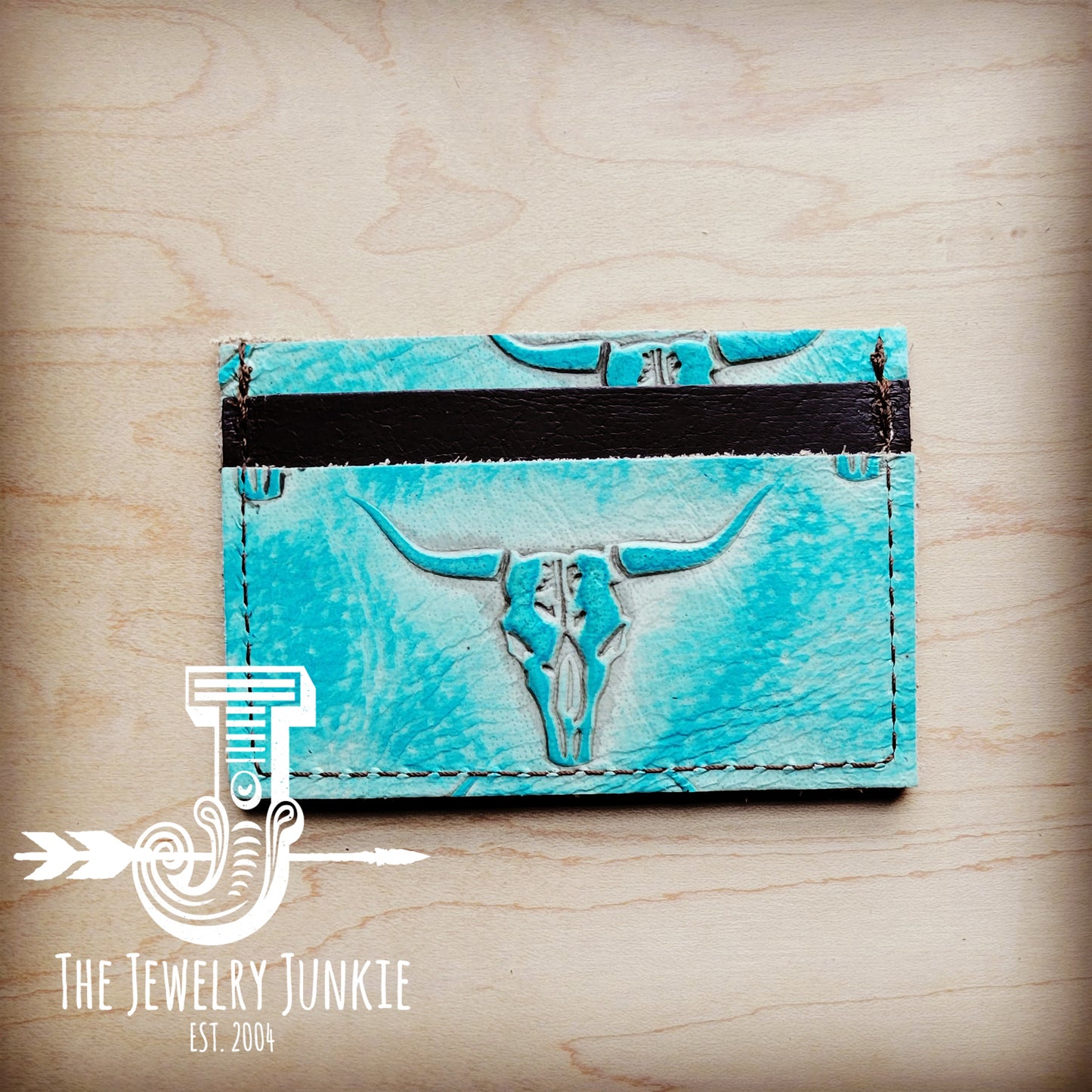 Embossed Leather Credit Card Holder-Turquoise Steer Head 603f