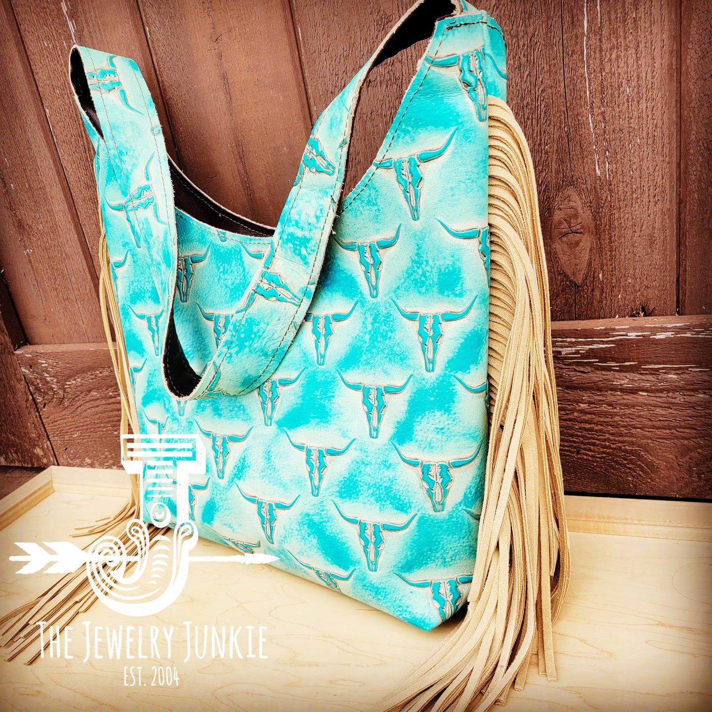 Montana Embossed Leather Hobo Handbag in Turquoise Steer Head 510s