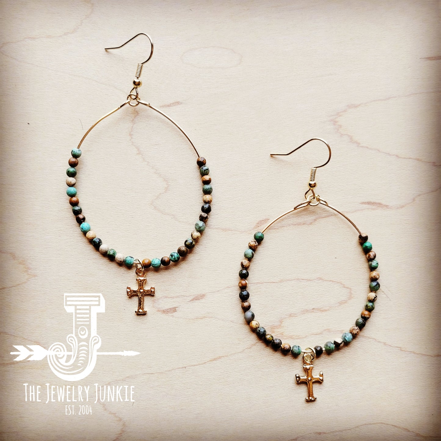Beaded Hoop Earrings- Jasper & African Turquoise w/ Cross Dangle 212k