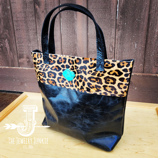 Tejas Leather Bucket Hide Handbag with Leopard Accent & Turquoise 510i