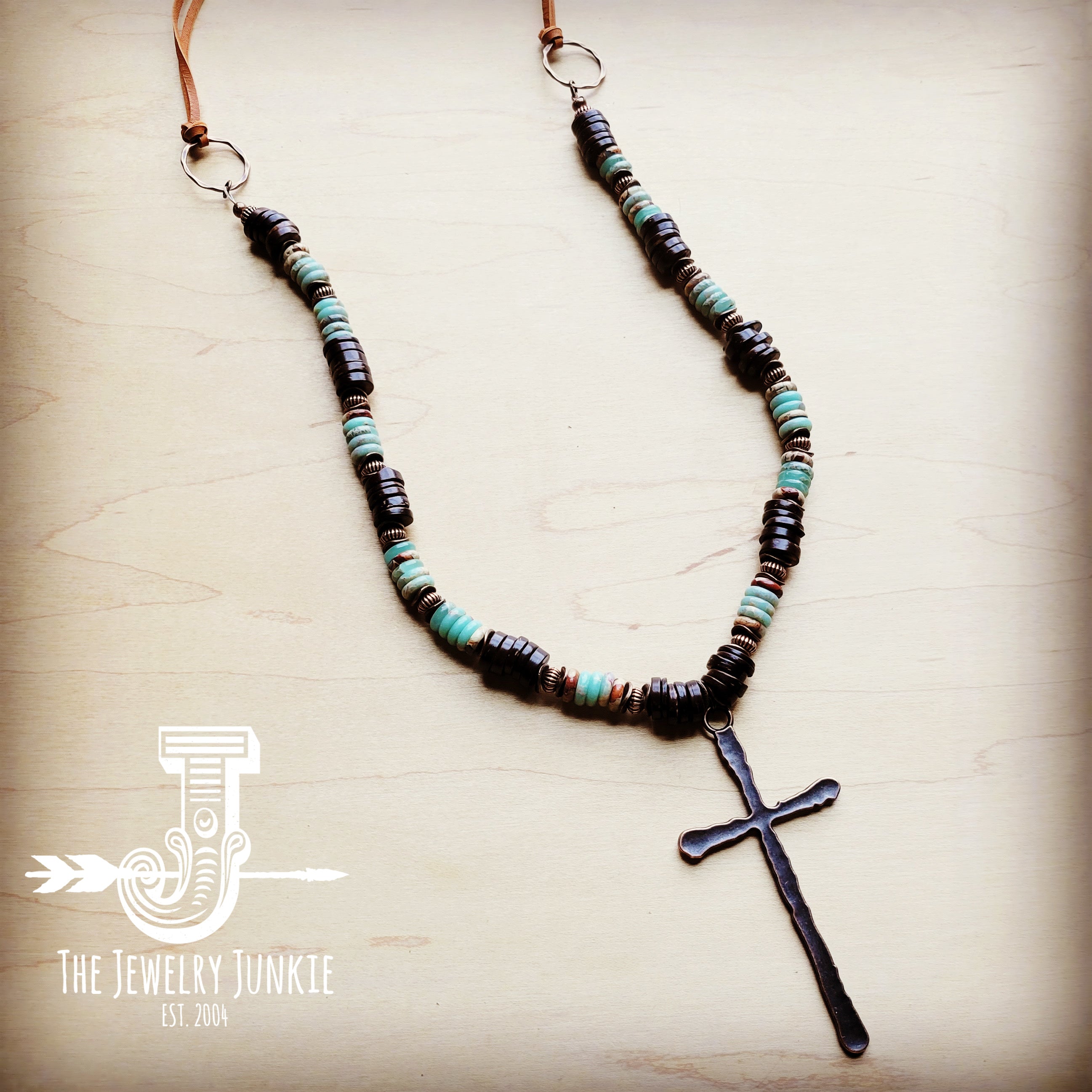 Aqua Terra and Wood Necklace with Copper Cross