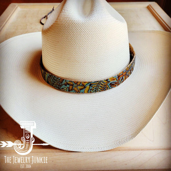 Turquoise Mustard Embossed Leather Hat Band