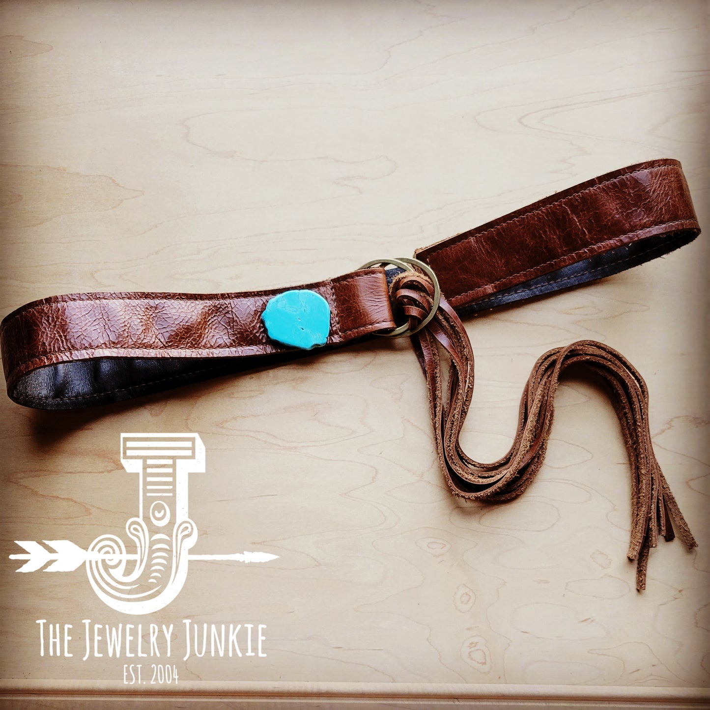 Cognac Leather Belt & Turquoise Slab with Leather Fringe Closure 905b