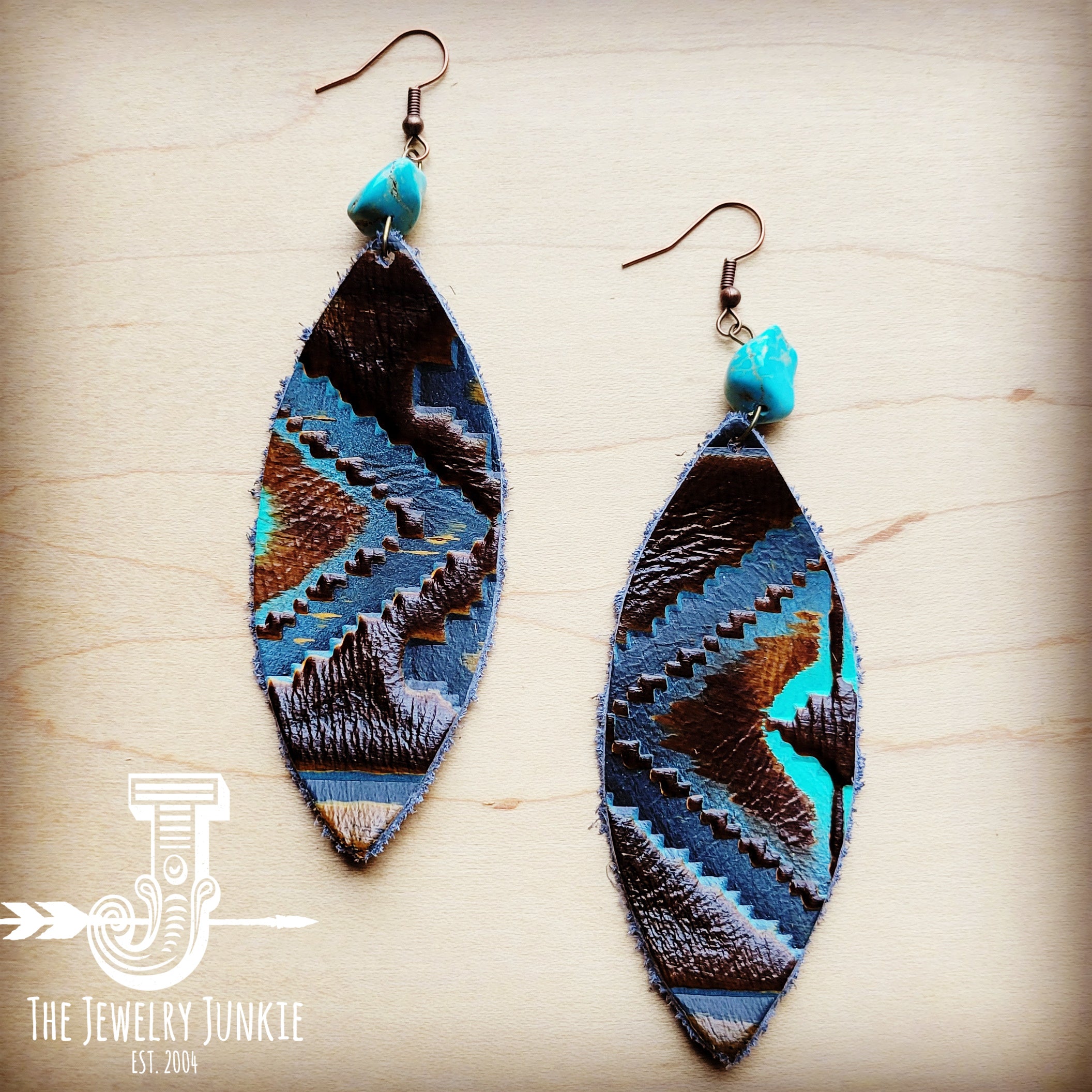 Leather Oval Earrings in Blue Navajo w/ Turquoise Accent