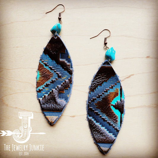 Leather Oval Earrings in Blue Navajo w/ Turquoise Accent