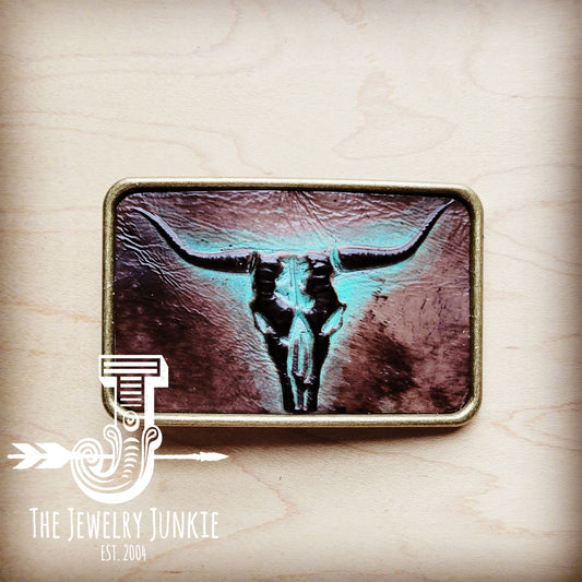 *Rectangle Leather Belt Buckle Turquoise Brown Steer Head 904a