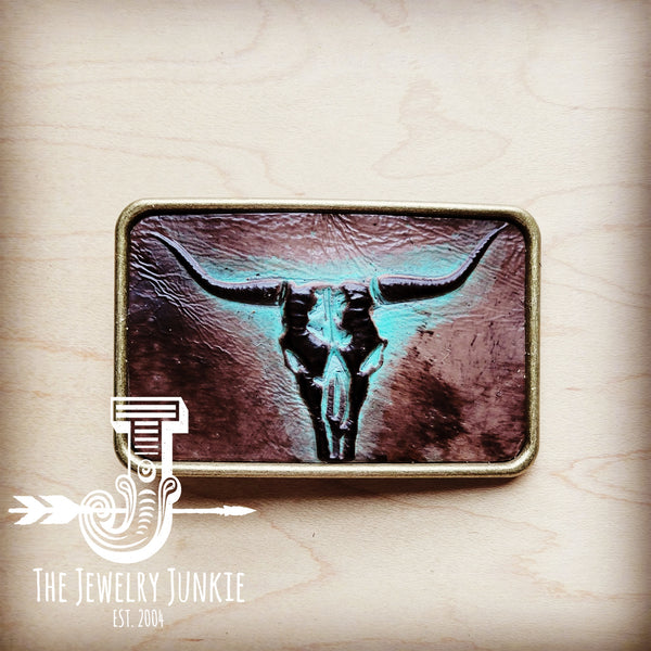 *Rectangle Leather Belt Buckle Turquoise Brown Steer Head 904a