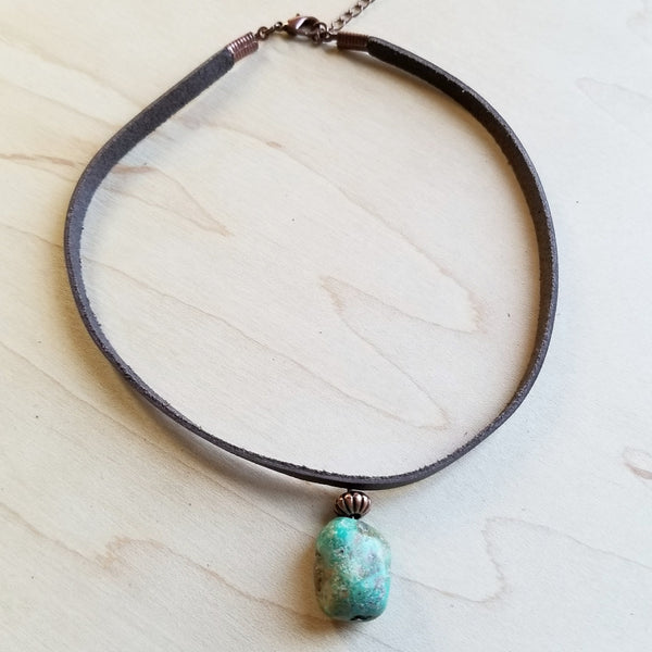 Leather Choker with African Turquoise Accent 242z - The Jewelry Junkie