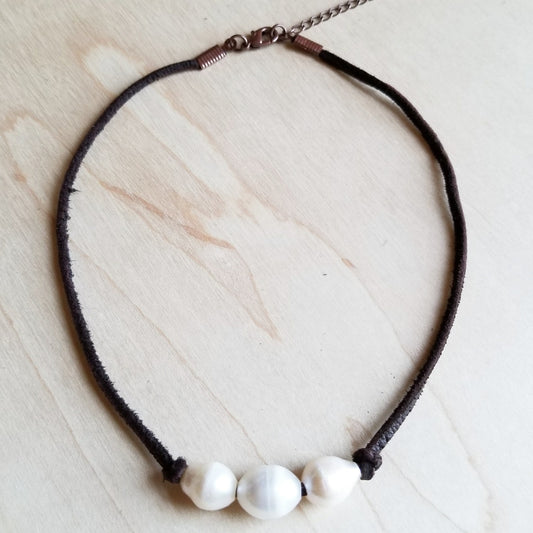 Triple Freshwater Pearl Brown Leather Choker Necklace 243d - The Jewelry Junkie