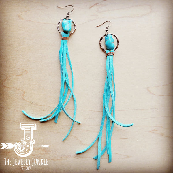 Turquoise Drop Earrings w/ Light Turquoise Leather Tassel 207t