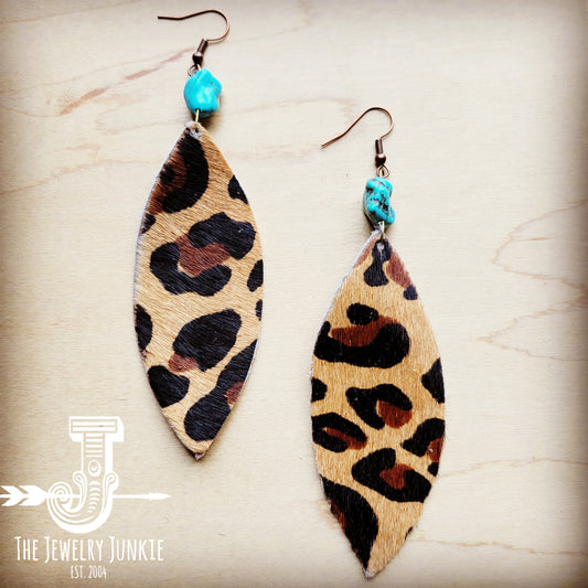 Leather Oval Earrings in Leopard w/ Turquoise Accent 206u