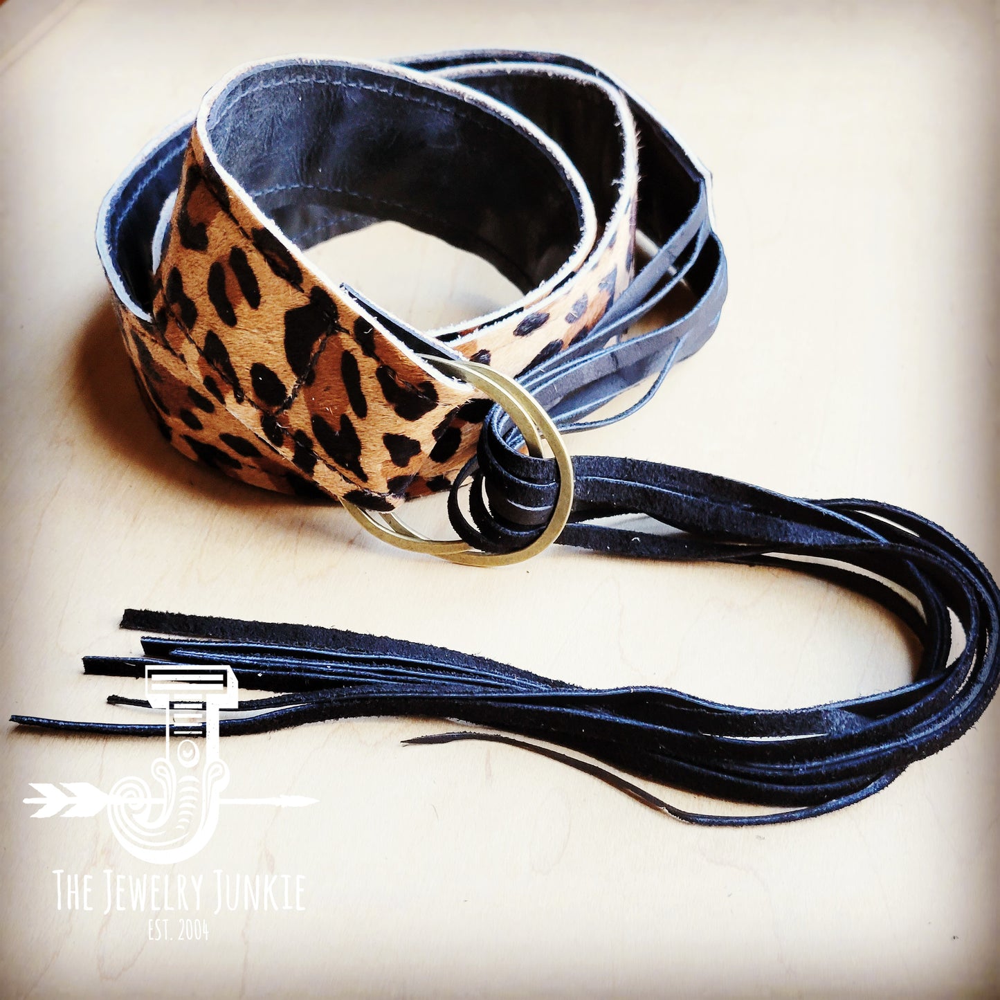 Leopard Hair-on-Hide Leather Belt with Long Leather Fringe Closure 903e