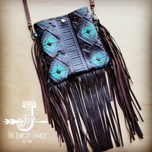 Small Crossbody Handbag w/ Blue Navajo Leather Full Fringe 507r