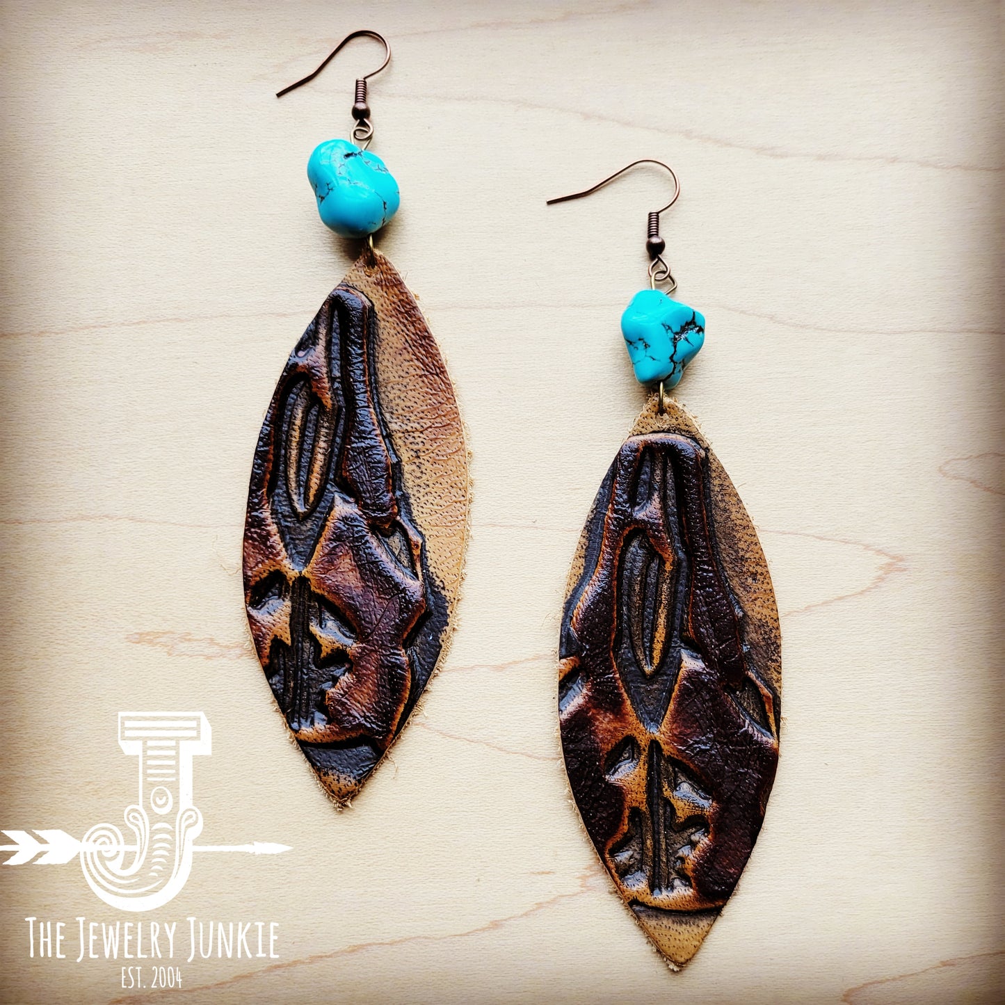 *Leather Oval Earrings in Tan Steer w/ Turquoise Accent 206p