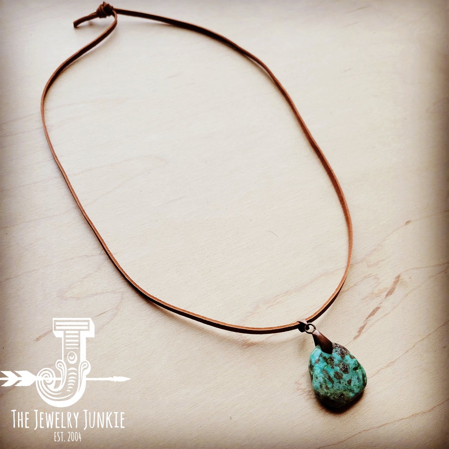 Leather Necklace with Natural Turquoise Pendant-Tan