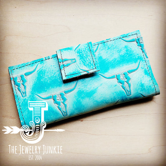 Embossed Leather Wallet-Turquoise Steer Head with Snap 304f
