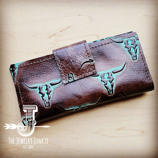 *Embossed Leather Wallet in Turquoise Steer w/ Snap 302d