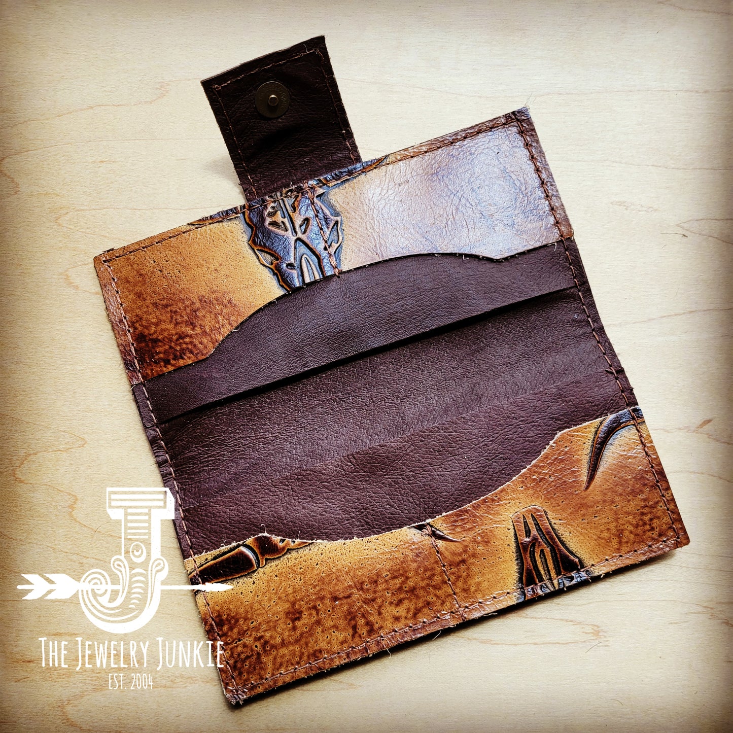 *Embossed Leather Wallet-Brown Steer with Snap 302o