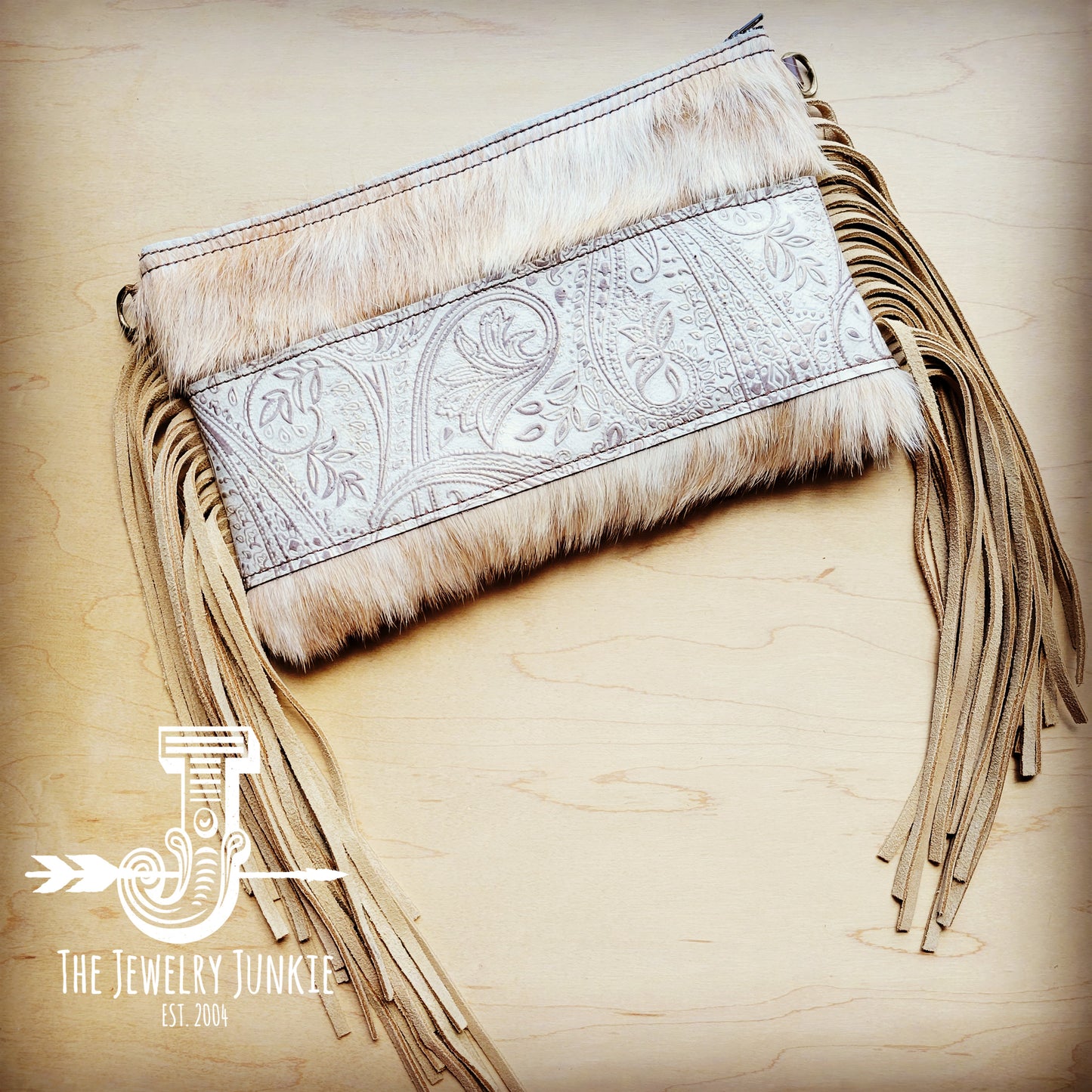 Hair on Hide Handbag w/ Oyster Paisley Accent & Fringe 508b