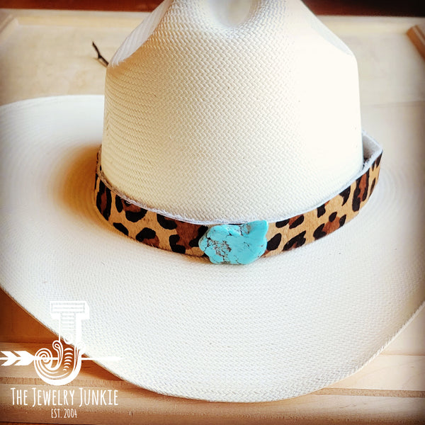 Leopard Hair on Hide Leather Hat Band Only w/ Turquoise Slab 950w