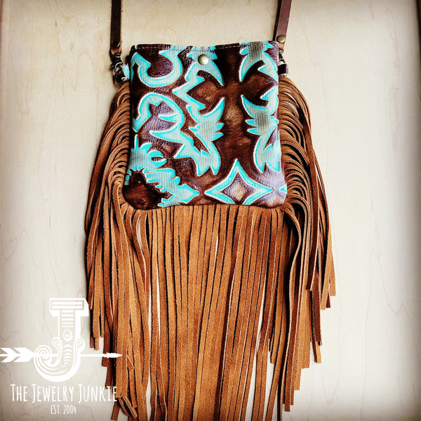 Small Crossbody Handbag w/ Turquoise Laredo Leather Full Fringe 507a