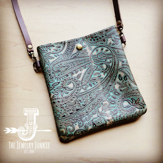 **Small Crossbody Handbag w/ Turquoise Brown Paisley Leather 508i