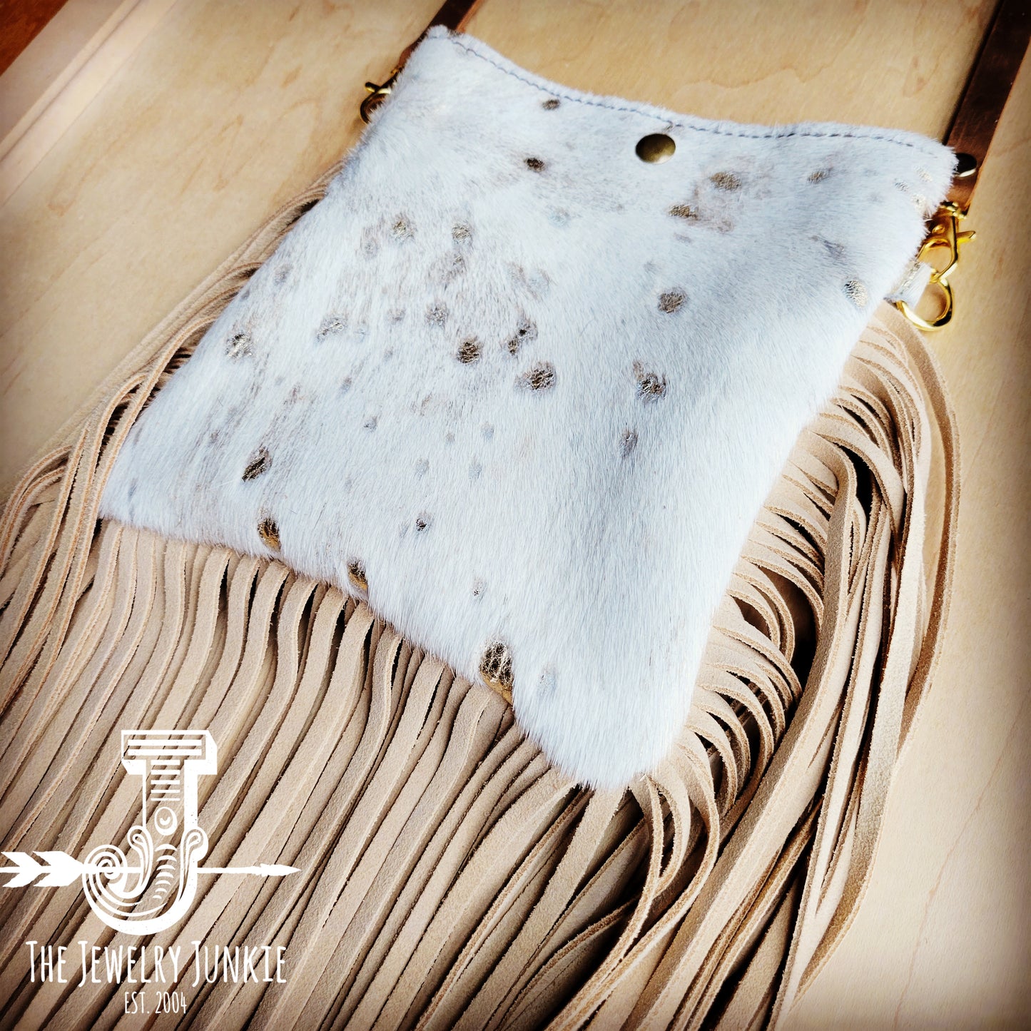 Small Crossbody Handbag w/ Cream Metallic Leather Full Fringe 507f