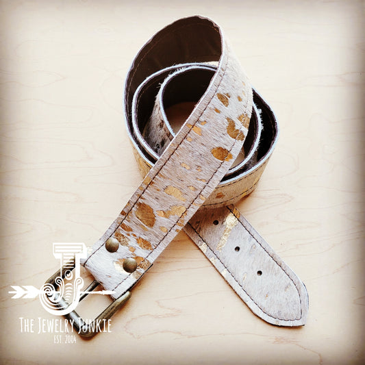 Cream Metallic Hair on Hide Leather Belt w/ Antique Gold Buckle 903L