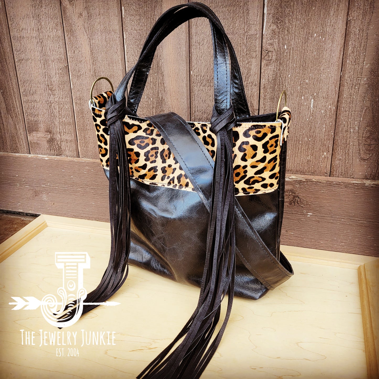 Tejas Leather Bucket Hide Handbag with Leopard Accent 510h