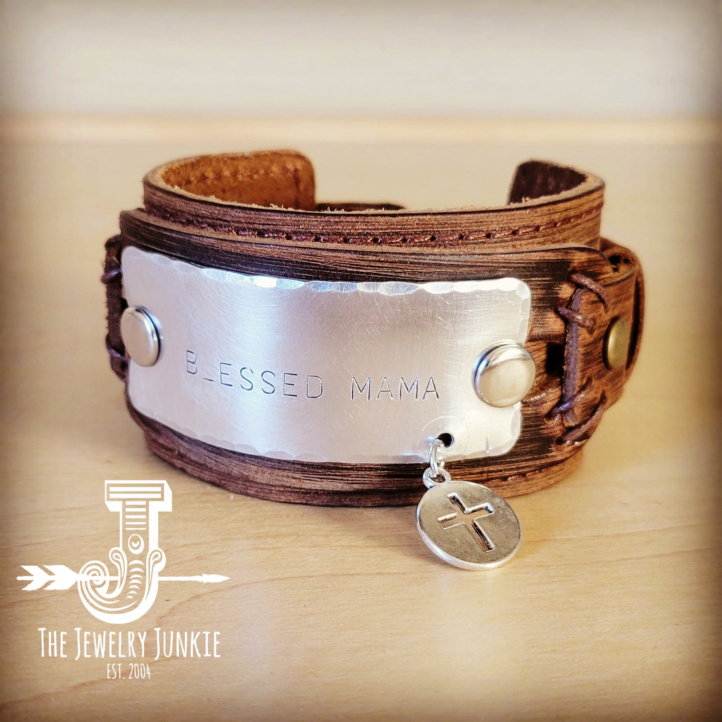 Blessed Mama Stamped Leather Cuff 013g