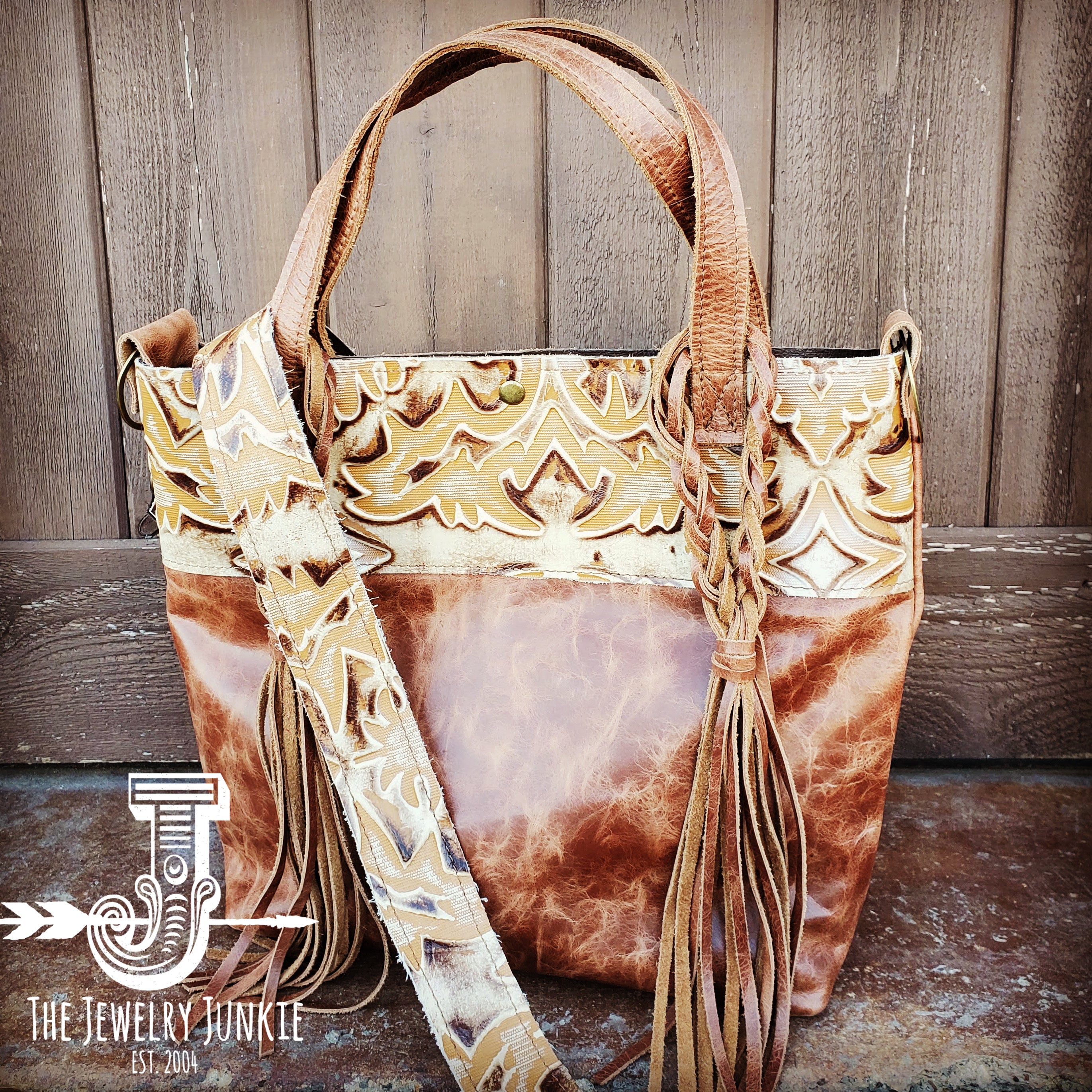 Tejas Leather Bucket Handbag with Accent - Tan Fringe - 2764