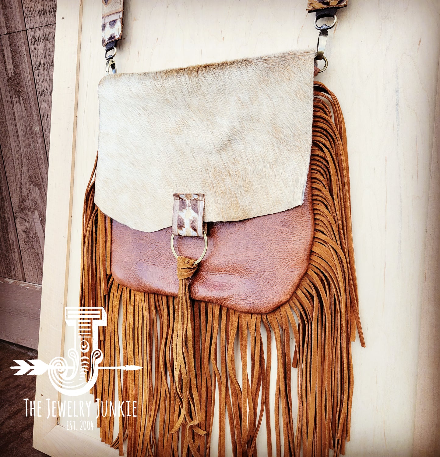 Leather Handbag w/ Hair-on-Hide Flap and Hoop Tassel Accent 510n