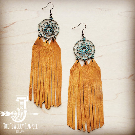 Dream Catcher Earrings w/ Leather Fringe-Tan 207y