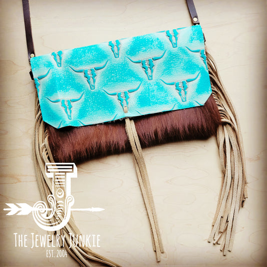 Hair on Hide Clutch Handbag w/ Turquoise Steer Head Flap 510q
