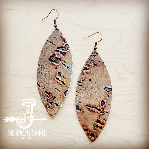 *Narrow Leather Oval Earrings-Driftwood Tarnished Copper 210e