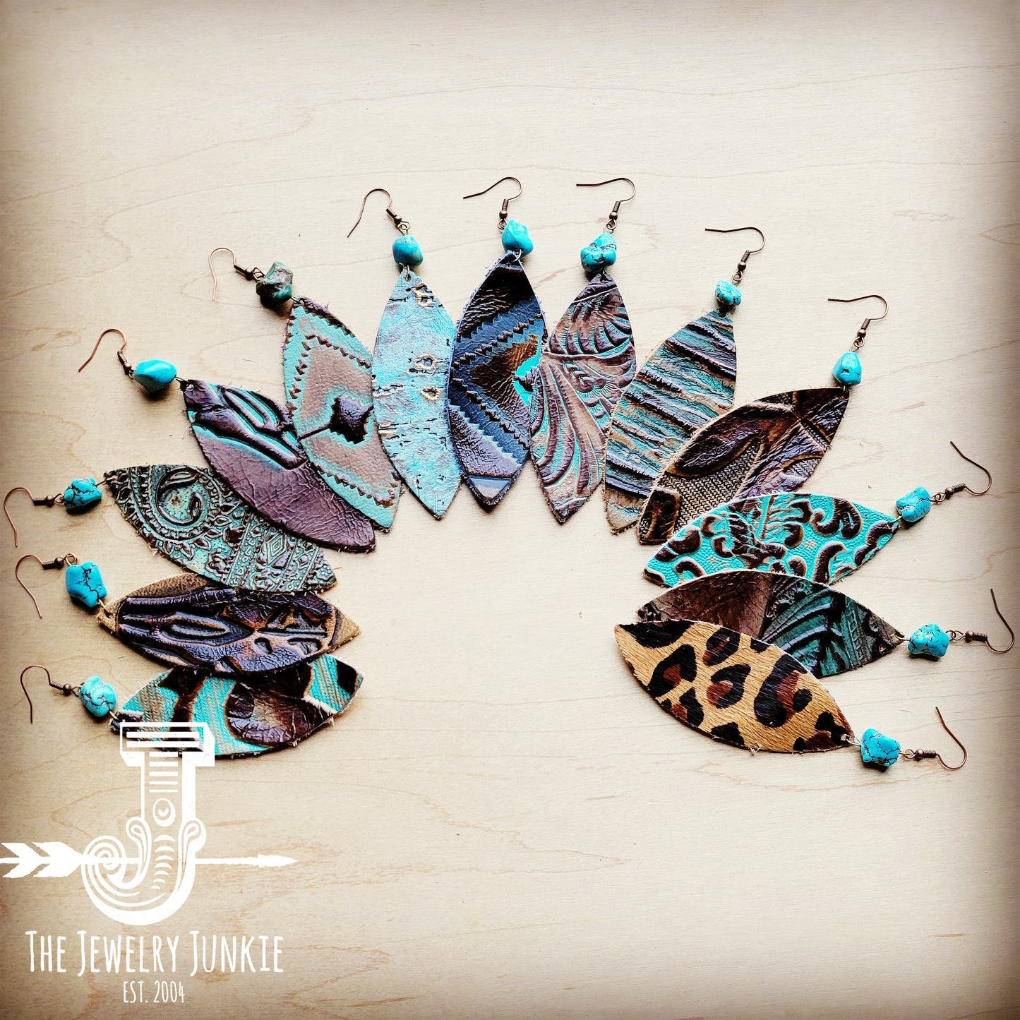 Leather Oval Earrings in Blue Navajo w/ Turquoise Accent