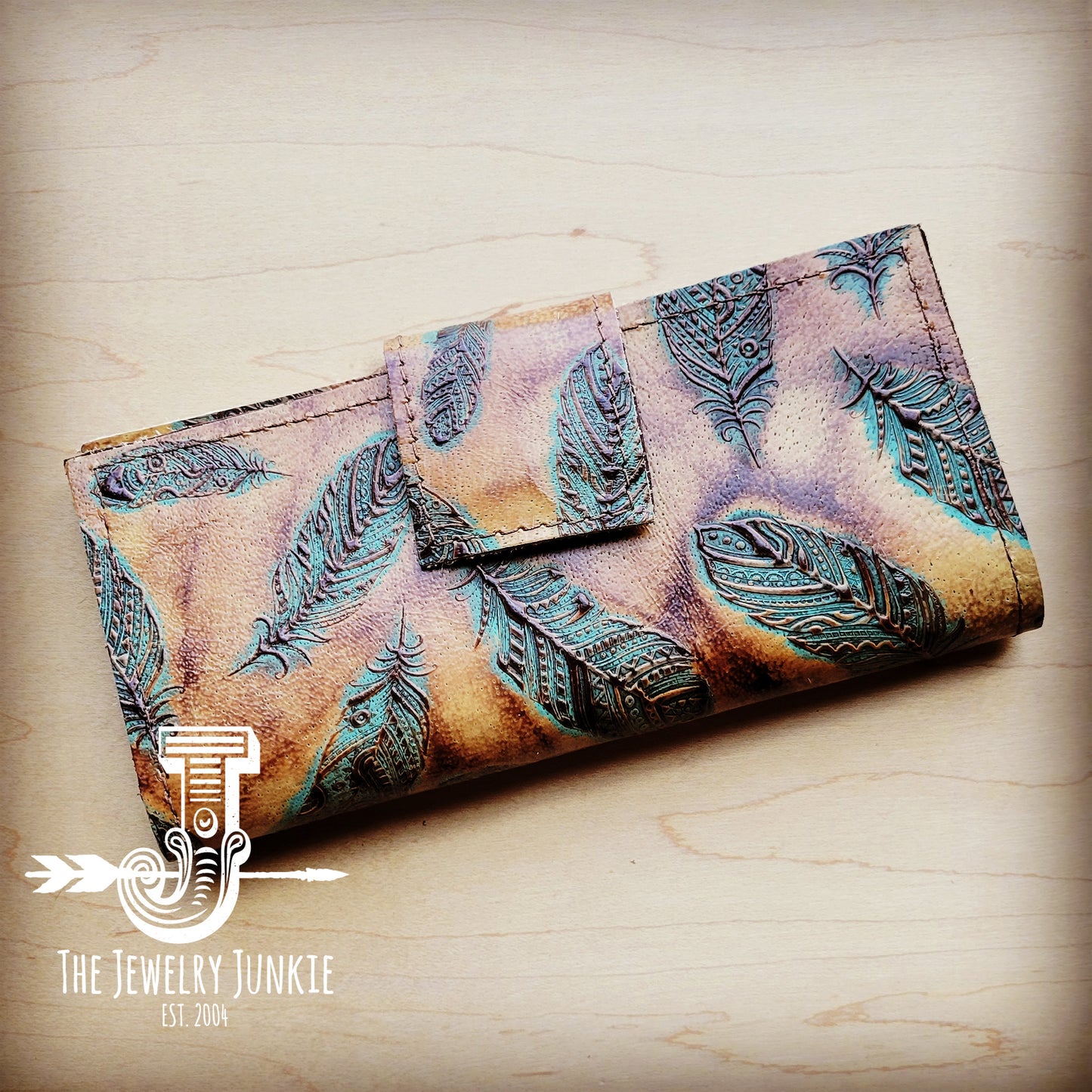 **Embossed Leather Wallet-Plumas Sepia Turquoise with Snap 303d