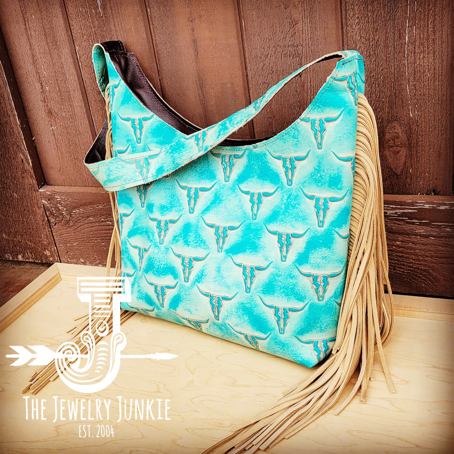 Montana Embossed Leather Hobo Handbag in Turquoise Steer Head 510s