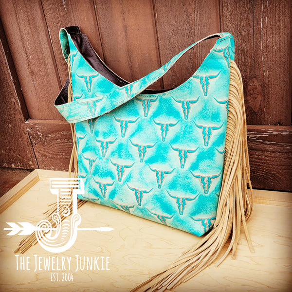Montana Embossed Leather Hobo Handbag in Turquoise Steer Head 510s