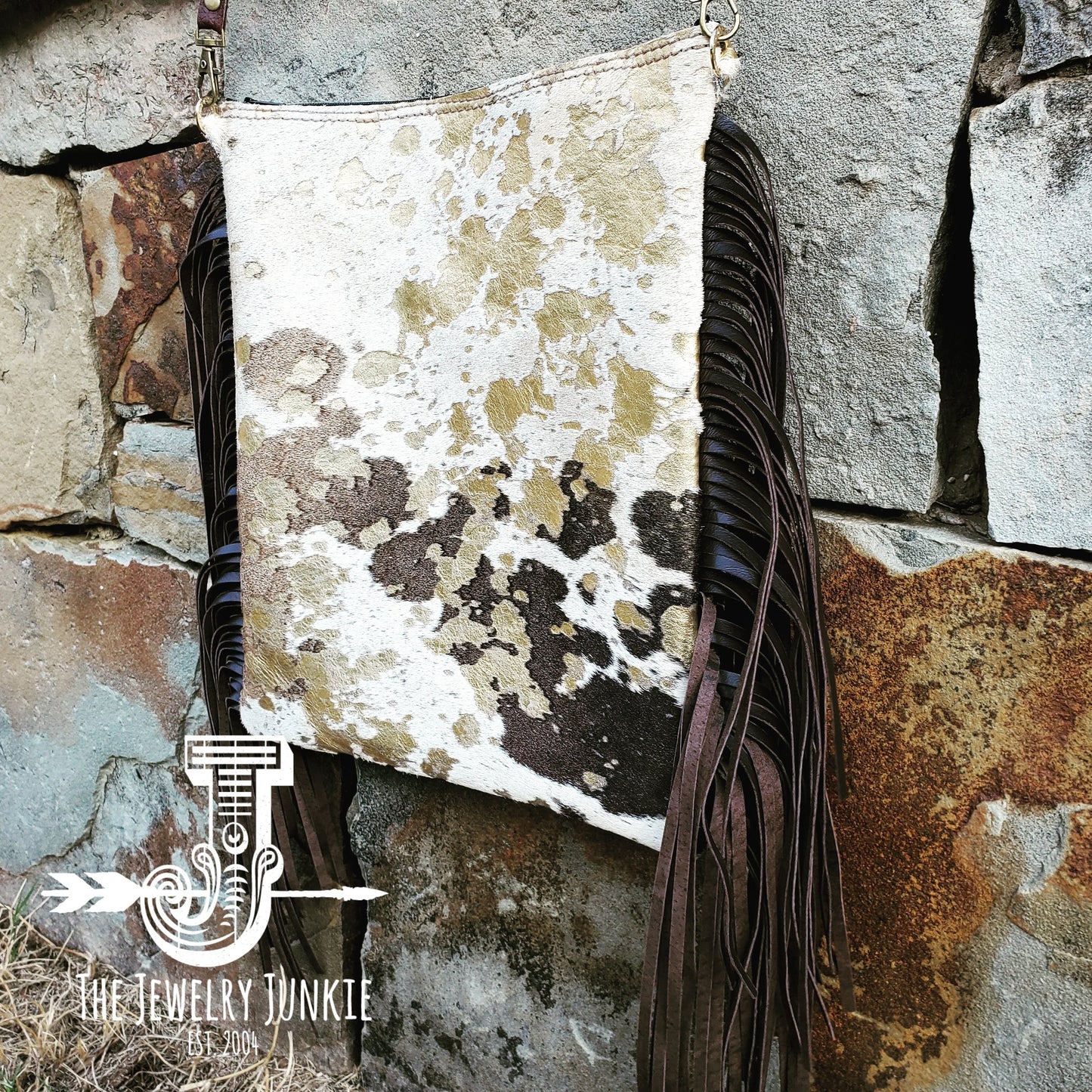 A Mixed Metallic Hair on Hide Handbag w/ Leather Fringe from Jewelry Junkie