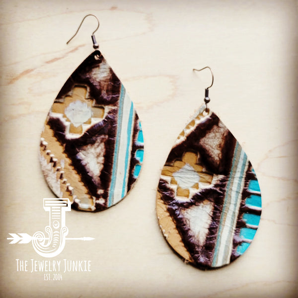 **Leather Teardrop Earrings-Turquoise Sahara Navajo 209k