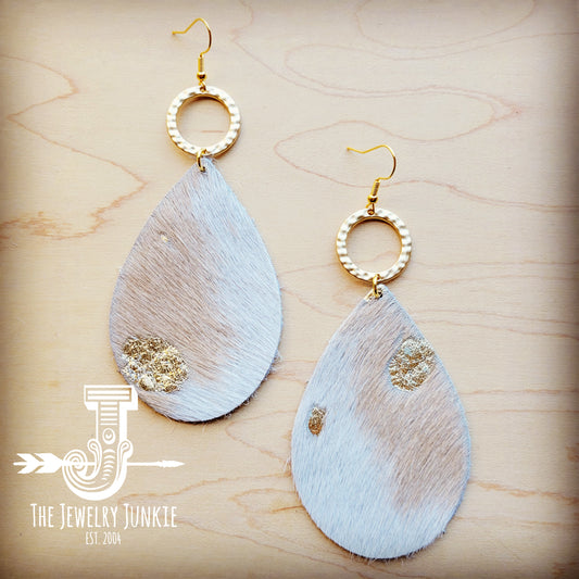 **Leather Teardrop Earrings Hair-on-Hide Mixed Metallic w/ Matte Gold Hoop 210v