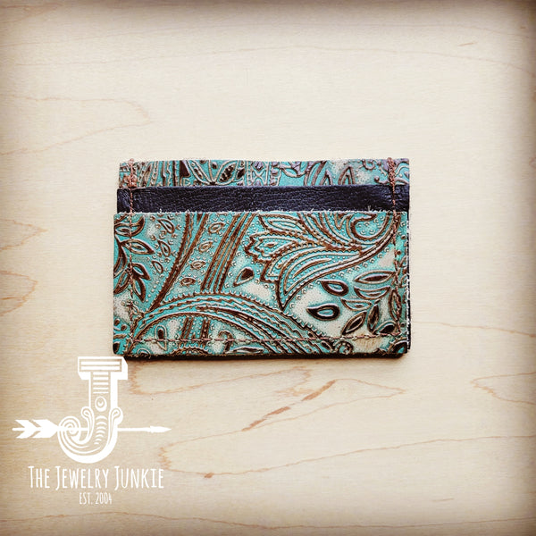 **Embossed Leather Credit Card Holder-Turquoise Brown Paisley 602x