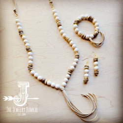 *Cream Fossil Bead Earrings w/ Wood & Gold Accents 212n